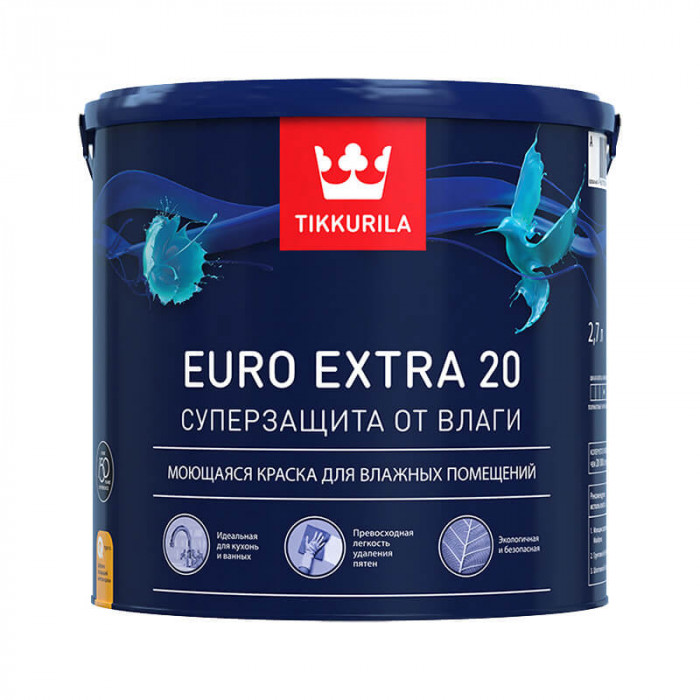 Краска для влажных помещений полуматовая база А ТИККУРИЛА Евро Экстра 20 (2,7л)