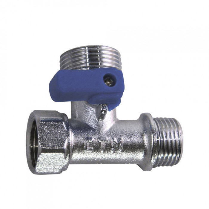 Кран шаровой (для быт. техники) 1/2"х3/4"х1/2", гайка-штуцер-штуцер (В-Н-Н), никелиров, флажок СТМ