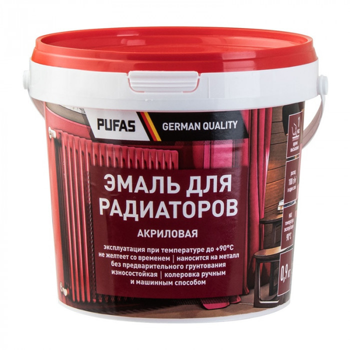 Эмаль акриловая для радиаторов белая, морозостойкая ПУФАС (0,9кг)