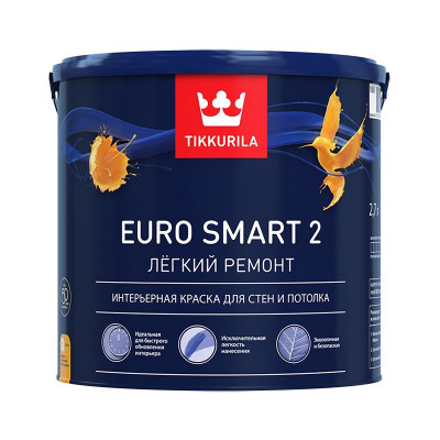 Краска для интерьерная белая глубокоматовая ТИККУРИЛА Евро Смарт 2 VVА (2,7 л)