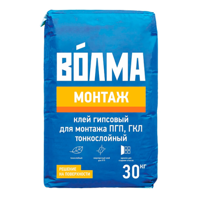 Клей для ПГП и ГКЛ гипсовый ВОЛМА Монтаж (30 кг)