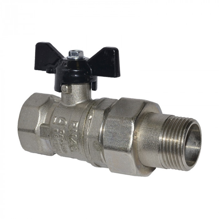 Кран шаровой прямой PN40 1/2", гайка-штуцер (В-Н), латунь ЛС59-1, бабочка ЛД