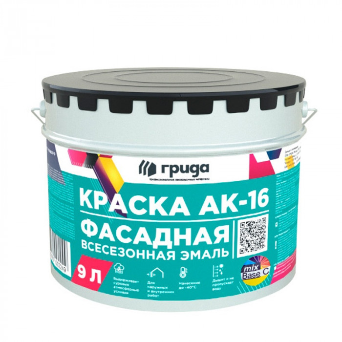 Краска фасадная АК-16 всесезонная база С нанесение до - 40С ГРИДА (9л=12,6кг)