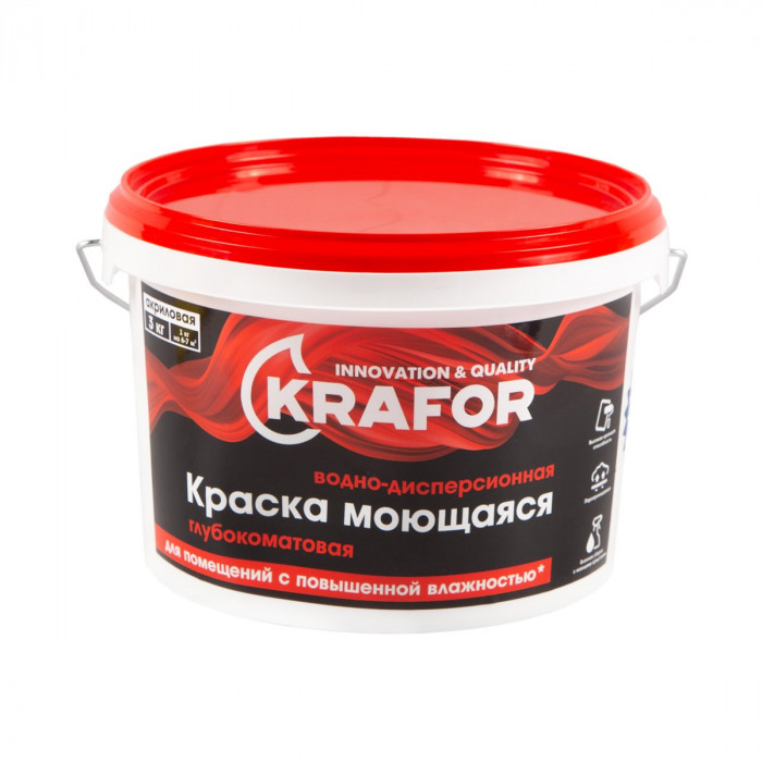 Краска моющаяся интерьерная акриловая глубокоматовая белая КРАФОР (3кг)