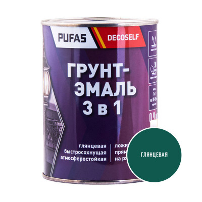 Грунт-эмаль 3 в 1 по ржавчине зеленая глянцевая ПУФАС Декоселф (0,9кг)