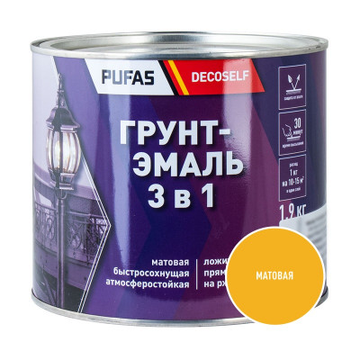 Грунт-эмаль 3 в 1 по ржавчине желтая матовая ПУФАС Декоселф (1,9кг)