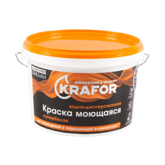 Краска моющаяся интерьерная латексная влагостойкая белая КРАФОР (3кг)