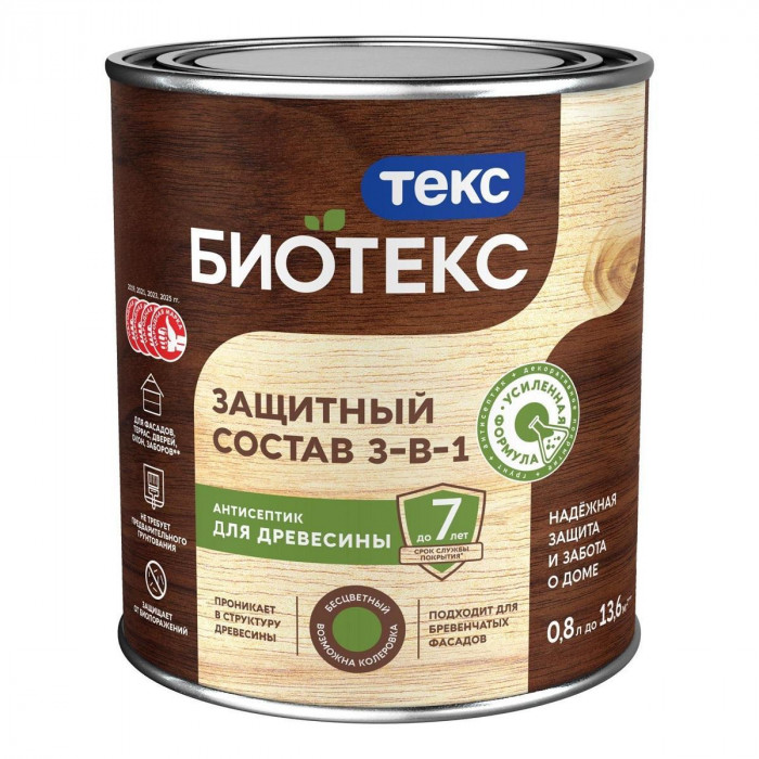 Антисептик для дерева 2 в 1 лессирующий бесцветная ТЕКС Биотекс (0,8л)