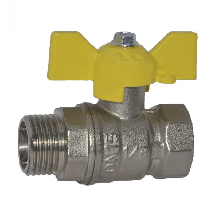 Кран шаровой газовый PN40 1/2", гайка-штуцер (В-Н), латунь ЛС59-1, бабочка ЛД