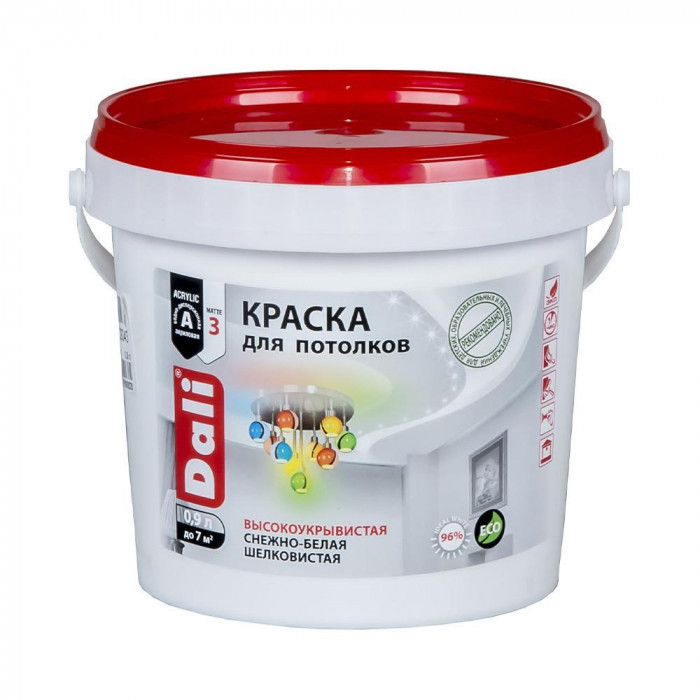 Краска для потолка акриловая глубокоматовая снежно-белая ДАЛИ (0,9л)